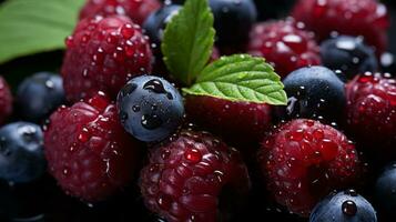 Himbeeren Blaubeeren und Brombeeren auf ein schwarz Hintergrund generativ ai foto