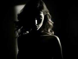 Silhouette von ein schön Frau im das dunkel generativ ai foto