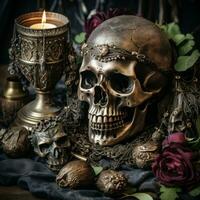 Schädel Kerzen und Rosen auf ein dunkel Stoff generativ ai foto