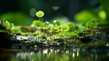 klein Grün Pflanzen wachsend aus von das Wasser im das Wald generativ ai foto