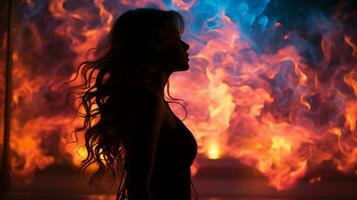 Silhouette von ein Frau mit lange Haar im Vorderseite von ein Feuer generativ ai foto