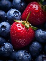 Erdbeeren und Blaubeeren mit Wasser Tröpfchen generativ ai foto