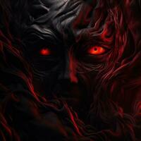 das Gesicht von ein Dämon mit glühend rot Augen generativ ai foto