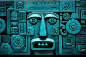 das Gesicht von ein Blau aztekisch Maske auf ein schwarz Hintergrund generativ ai foto