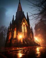 das gotisch Kirche ist zündete oben beim Nacht generativ ai foto