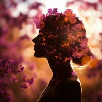 das Silhouette von ein Frau mit Blumen im ihr Haar generativ ai foto