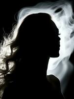 das Silhouette von ein Frau mit Rauch Kommen aus von ihr Haar generativ ai foto