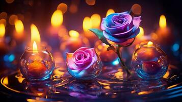 drei lila Rosen im Glas Vasen mit Kerzen im das Wasser generativ ai foto