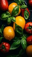 Tomaten Zitronen und Basilikum auf ein schwarz Hintergrund generativ ai foto