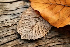 zwei Herbst Blätter auf ein hölzern Oberfläche generativ ai foto