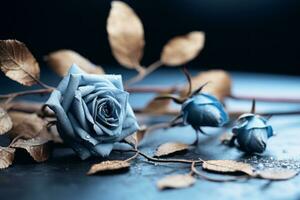 zwei Blau Rosen auf ein dunkel Hintergrund generativ ai foto