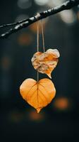 zwei Herz geformt Blätter hängend von ein Ast generativ ai foto