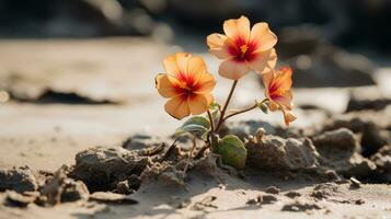 zwei Orange Blumen wachsend aus von das Sand generativ ai foto