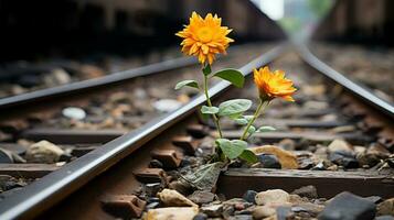 zwei Orange Blumen wachsend aus von das Boden auf Eisenbahn Spuren generativ ai foto