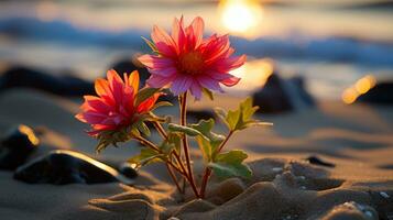 zwei Rosa Blumen im das Sand generativ ai foto