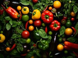 Gemüse und Früchte auf ein schwarz Hintergrund Lager Foto generativ ai