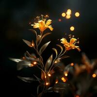 Gelb Blumen auf ein dunkel Hintergrund mit Beleuchtung generativ ai foto