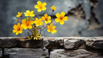 Gelb Blumen wachsend aus von ein Stein Mauer generativ ai foto