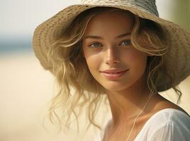 jung Frau tragen ein Stroh Hut auf das Strand foto