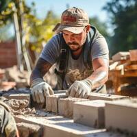 Mason Verlegung Ziegel zu bauen ein Mauer foto