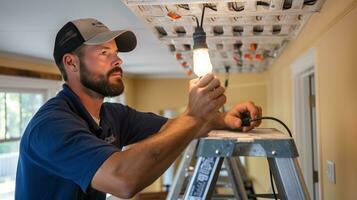 Elektriker Installation Neu Licht Armaturen im ein Zuhause foto