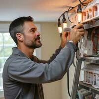 Elektriker Installation Neu Licht Armaturen im ein Zuhause foto