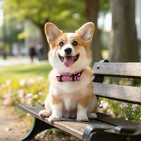 ein süß Corgi Sitzung auf ein Park Bank mit ein Rosa Leine foto