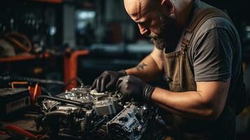 Mechaniker reparieren ein Auto Motor im ein Garage foto