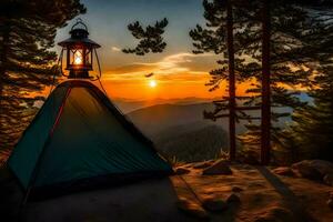 das Sonnenuntergang ist Rahmen Über das Berge und das Sonne ist leuchtenden auf das Zelt. KI-generiert foto