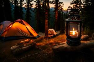 ein Lagerfeuer und Zelt im das Wald beim Sonnenuntergang. KI-generiert foto