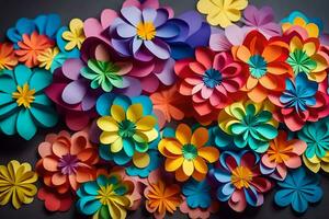 ein groß Gruppe von bunt Papier Blumen. KI-generiert foto