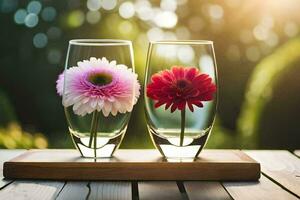 zwei Vasen mit Blumen im Sie auf ein hölzern Tisch. KI-generiert foto