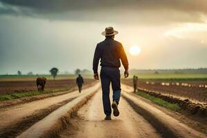 ein Mann Gehen Nieder ein Schmutz Straße mit Kühe im das Hintergrund. KI-generiert foto