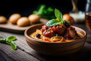 Spaghetti mit Fleischklößchen und Tomate Soße im ein hölzern Schüssel. KI-generiert foto