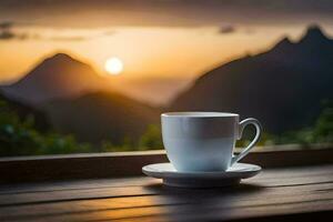 Kaffee Tasse auf das Balkon, Berg, Sonnenaufgang, Sonnenaufgang, Sonnenaufgang, Sonnenaufgang, Sonnenaufgang,. KI-generiert foto