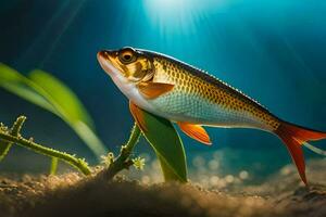 ein Fisch ist Stehen auf ein Pflanze im das Wasser. KI-generiert foto