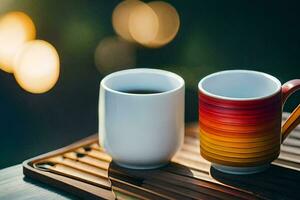 zwei Kaffee Tassen auf ein hölzern Tablett. KI-generiert foto