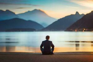 ein Mann im ein passen sitzt auf das Dock beim Sonnenuntergang. KI-generiert foto