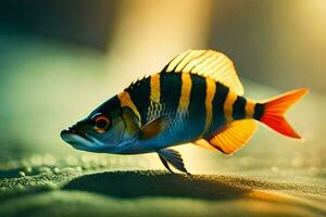ein Fisch mit Gelb und schwarz Streifen auf es ist Körper. KI-generiert foto