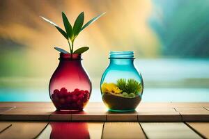 zwei Glas Vasen mit Pflanzen im ihnen. KI-generiert foto