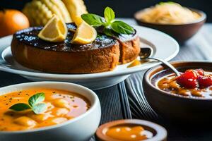 ein Tabelle mit Schalen von Suppe, Brot und andere Lebensmittel. KI-generiert foto