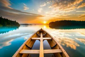 ein Kanu ist schwebend auf ein See beim Sonnenuntergang. KI-generiert foto