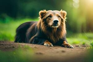 ein Löwe ist Sitzung auf das Boden im das Wald. KI-generiert foto