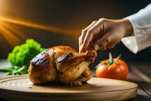 ein Person ist halten ein Hähnchen auf ein hölzern Schneiden Tafel. KI-generiert foto