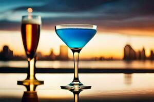 zwei Brille von Blau Cocktail mit Sonnenuntergang im das Hintergrund. KI-generiert foto