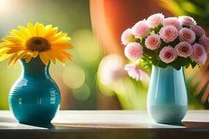 zwei Vasen mit Blumen auf ein Tisch. KI-generiert foto