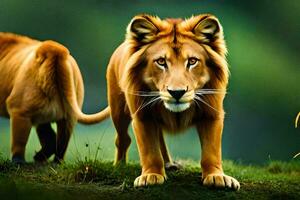 zwei Löwen Gehen im das Gras. KI-generiert foto