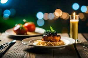 ein Teller von Spaghetti und Fleisch auf ein hölzern Tisch. KI-generiert foto