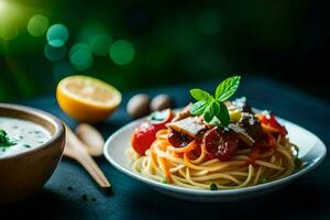 Spaghetti mit Fleisch und Gemüse im ein Schüssel. KI-generiert foto