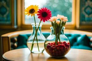 zwei Vasen mit Blumen auf ein Tabelle im Vorderseite von ein Fenster. KI-generiert foto